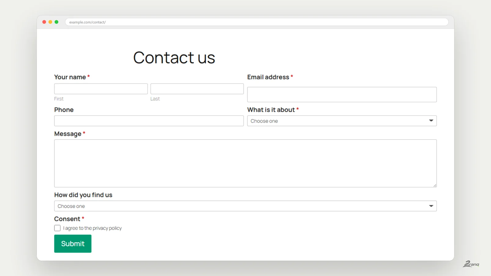 A finished contact form on a live website, with name, email, message and consent fields and a submit button