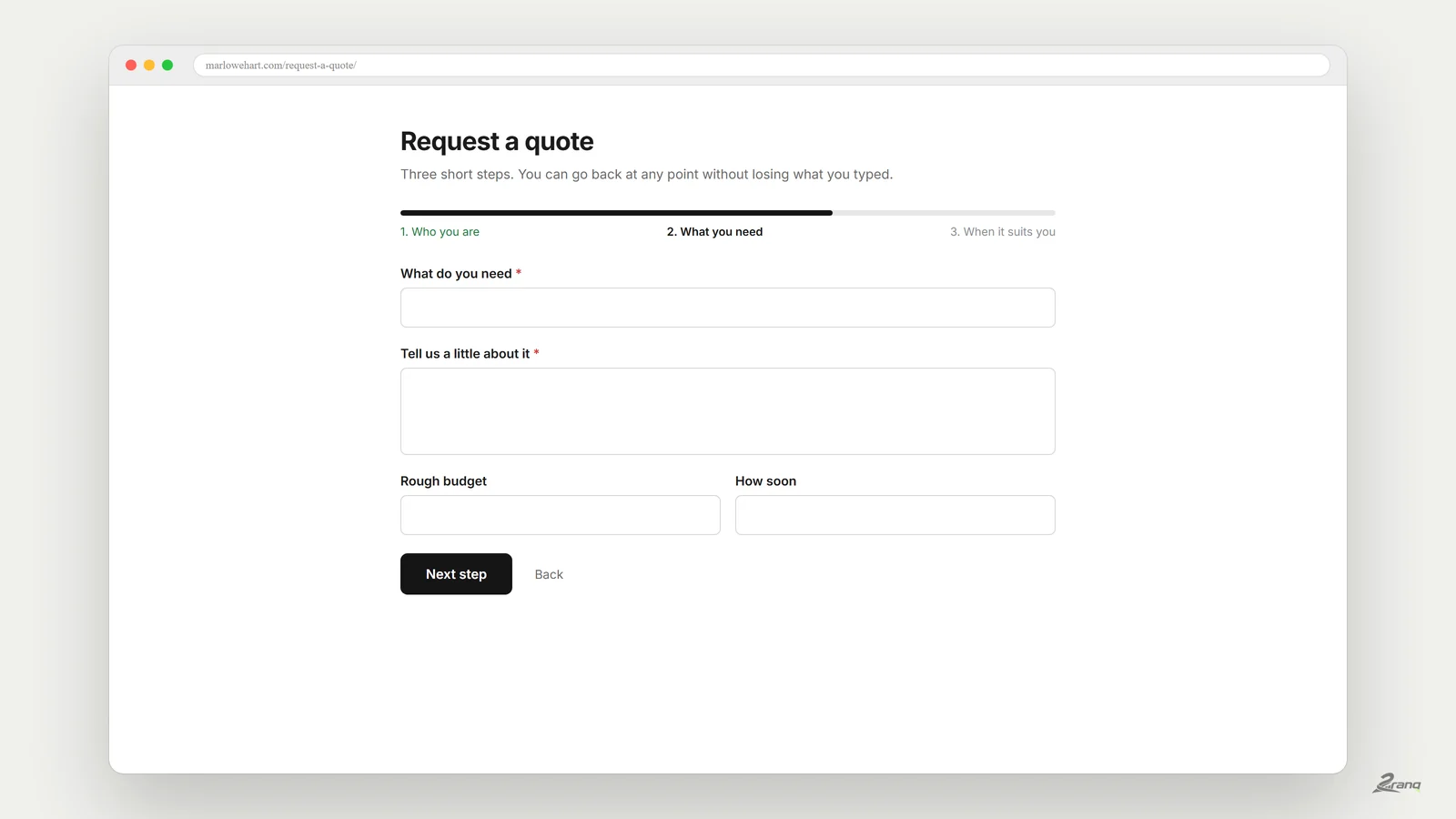 A three step quote request form with a progress bar, showing the second step and a back link