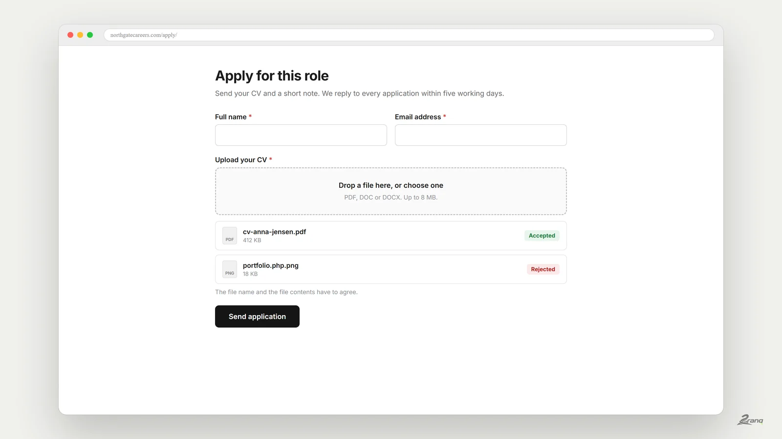 A job application form with a file upload area, one CV accepted and a file named portfolio.php.png rejected