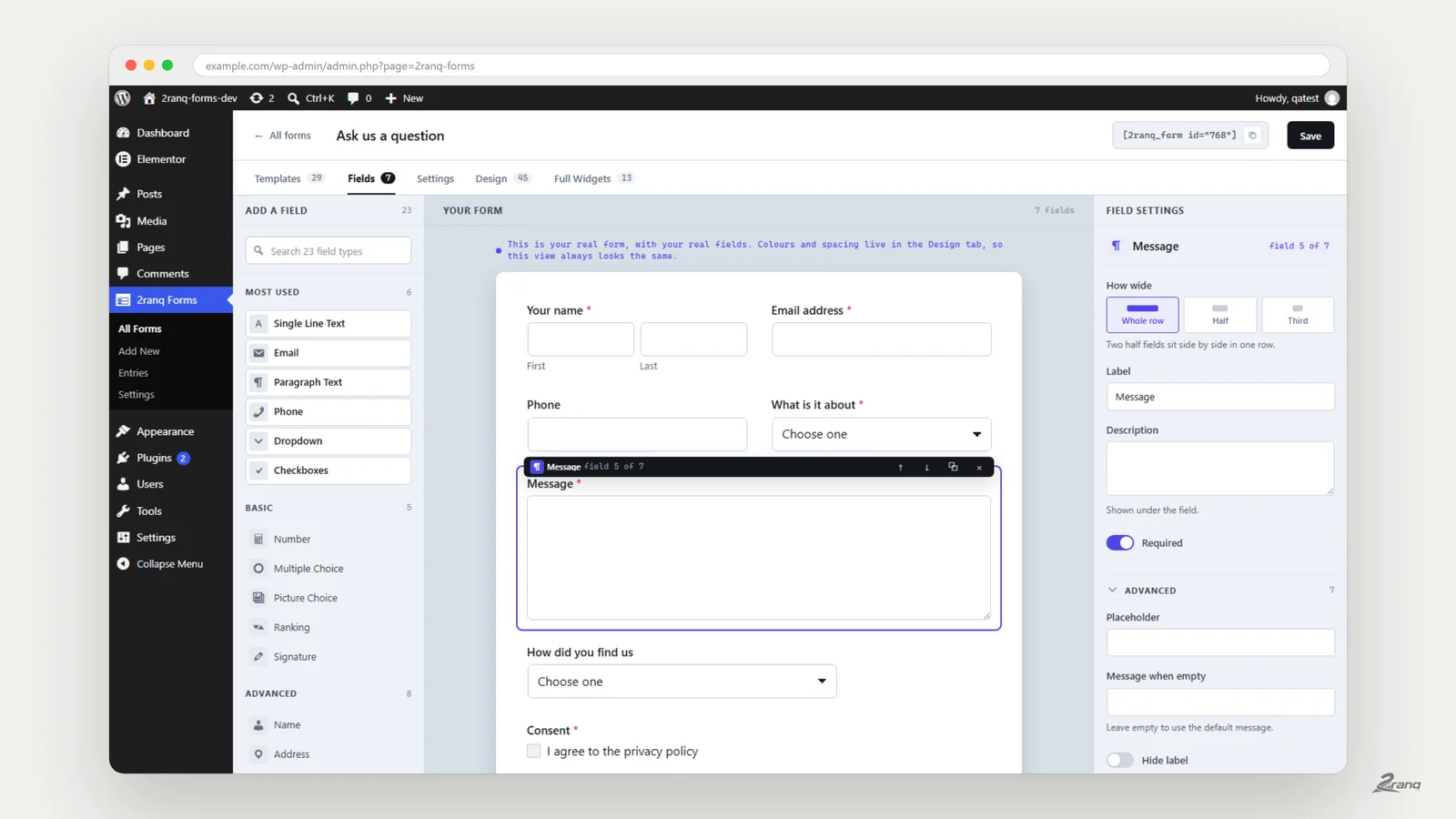 The 2ranq Forms builder in the WordPress dashboard, with the field list on the left and the real form in the middle