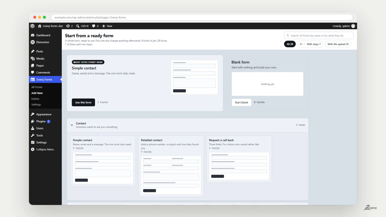 A form template picker in the WordPress dashboard, showing ready made forms grouped by the job they do