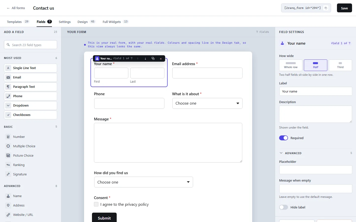 The 2ranq Forms builder, with the field list on the left and a live preview of the real form in the middle