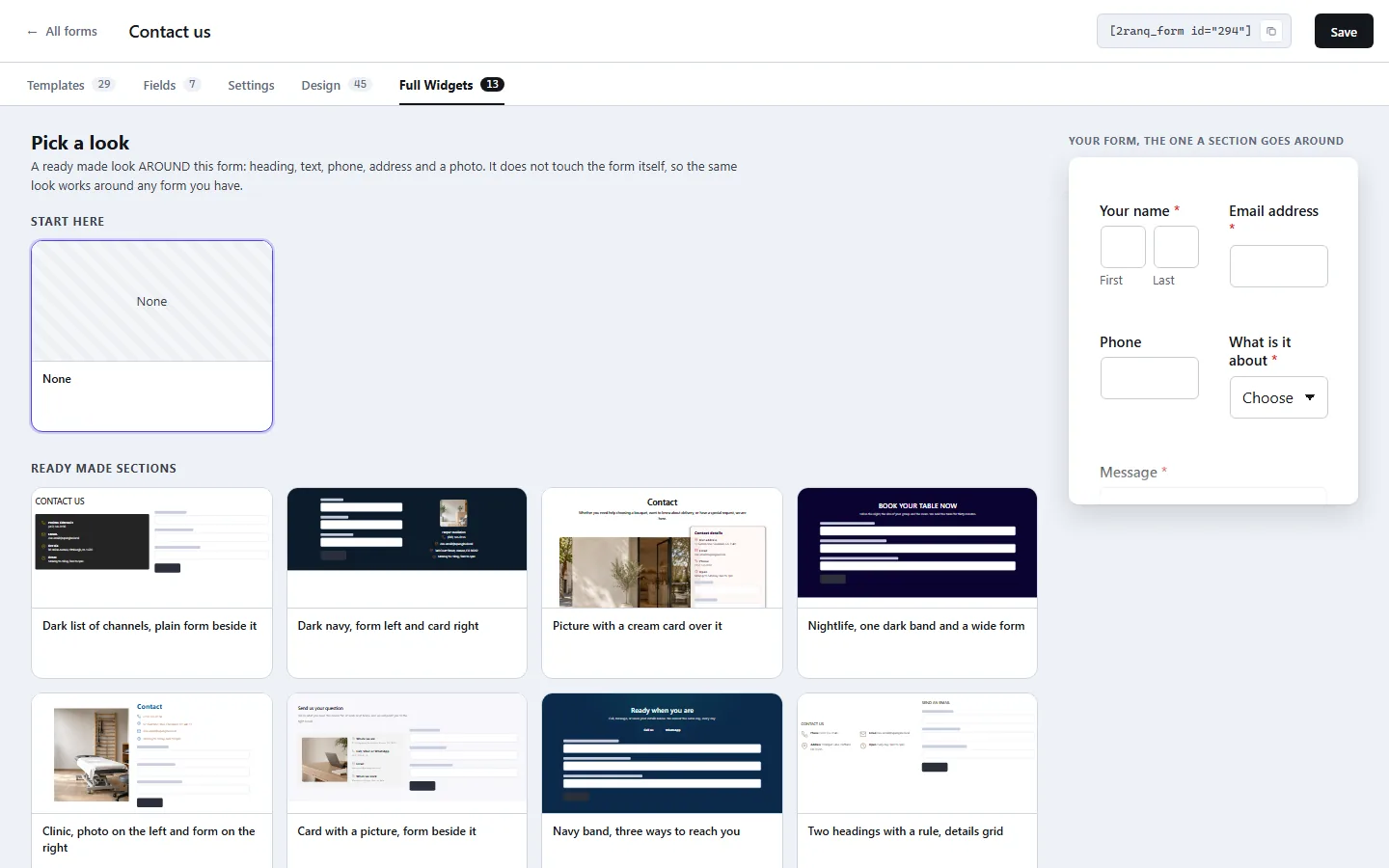 Kartica Full Widgets u pluginu 2ranq Forms, sa gotovim kontakt sekcijama koje obavijaju formu
