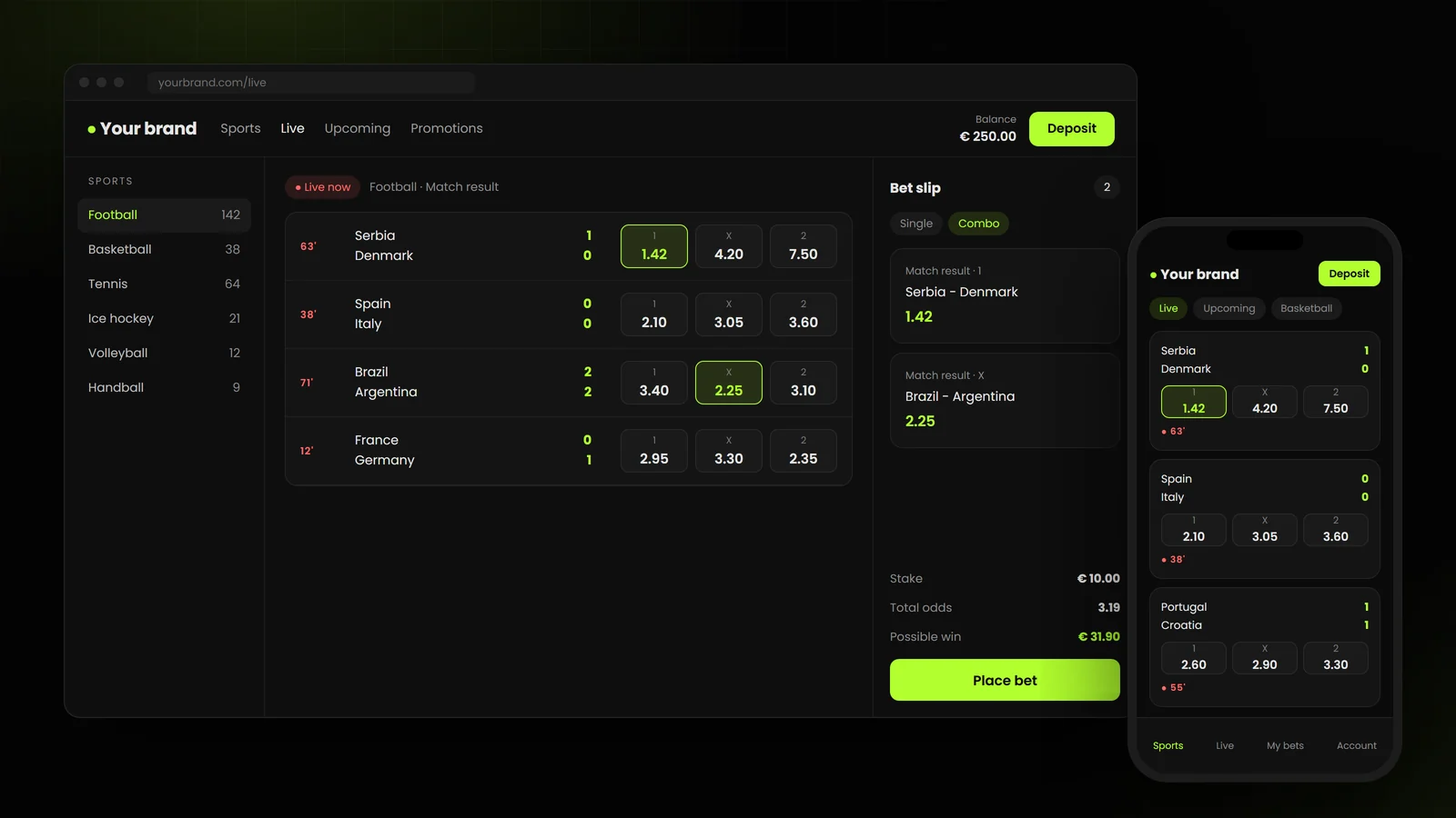 Start your own sportsbook: a sportsbook website and mobile app with live odds and a bet slip, built for your brand