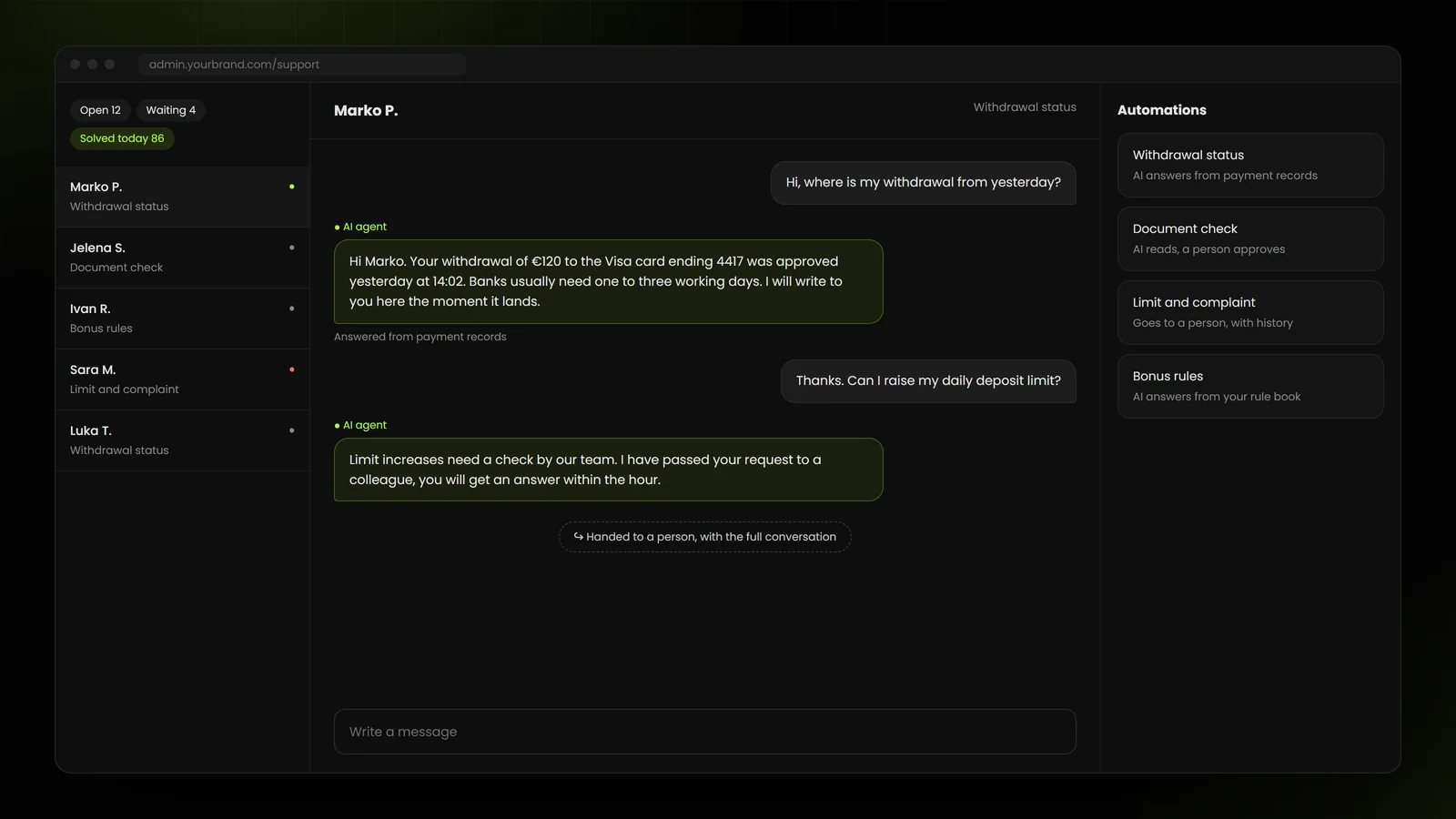 Sportsbook customer support where an AI agent answers from payment records and hands a limit request to a person