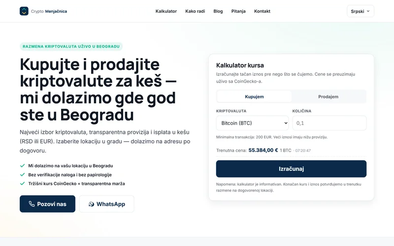Crypto Menjacnica cryptocurrency exchange website with live rate calculator